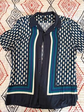 Express Navy Blue Teal Striped Geometric Button-Up Shirt